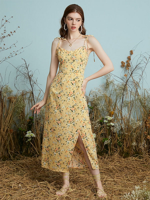 Floral Print Knotted Strap Backless Slit Hem Midi Dress