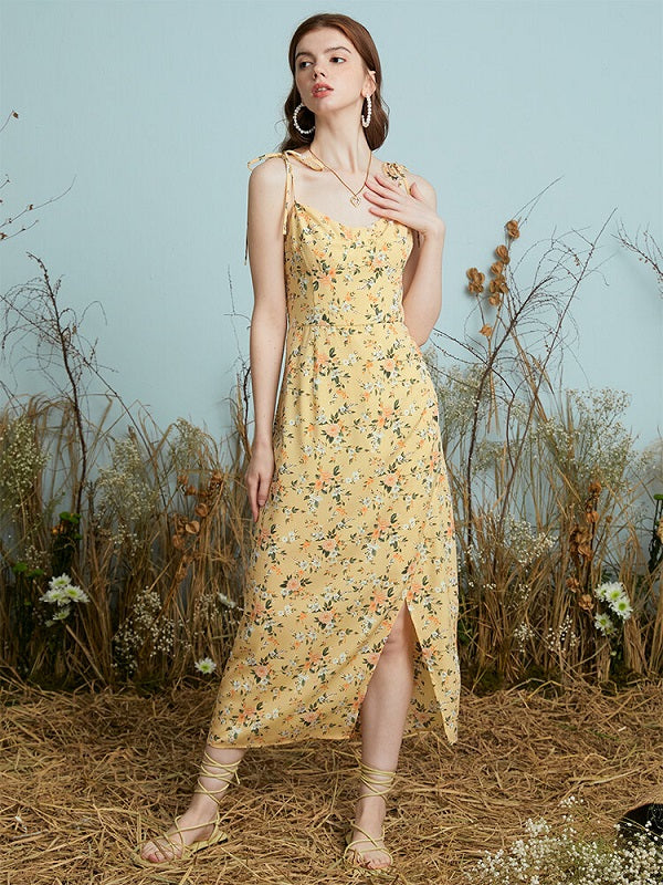 Floral Print Knotted Strap Backless Slit Hem Midi Dress