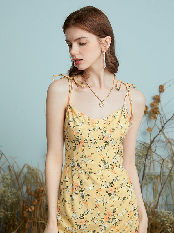 Floral Print Knotted Strap Backless Slit Hem Midi Dress
