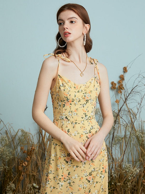 Floral Print Knotted Strap Backless Slit Hem Midi Dress