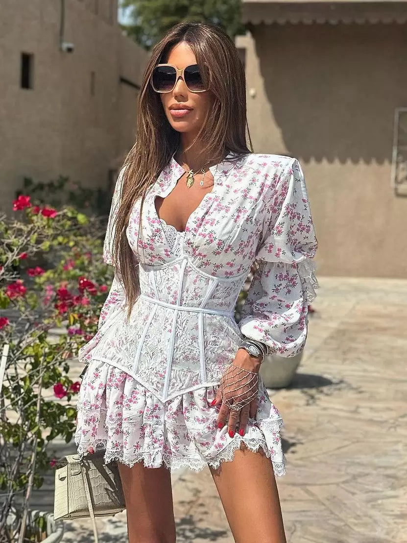 Floral Print Lace Embellished Collar Long Sleeves Chic Mini Dresses