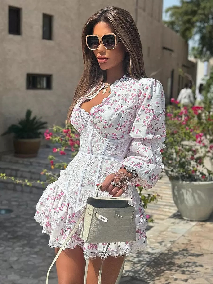 Floral Print Lace Embellished Collar Long Sleeves Chic Mini Dresses