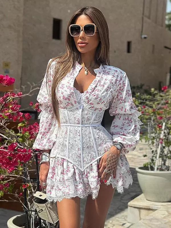 Floral Print Lace Embellished Collar Long Sleeves Chic Mini Dresses
