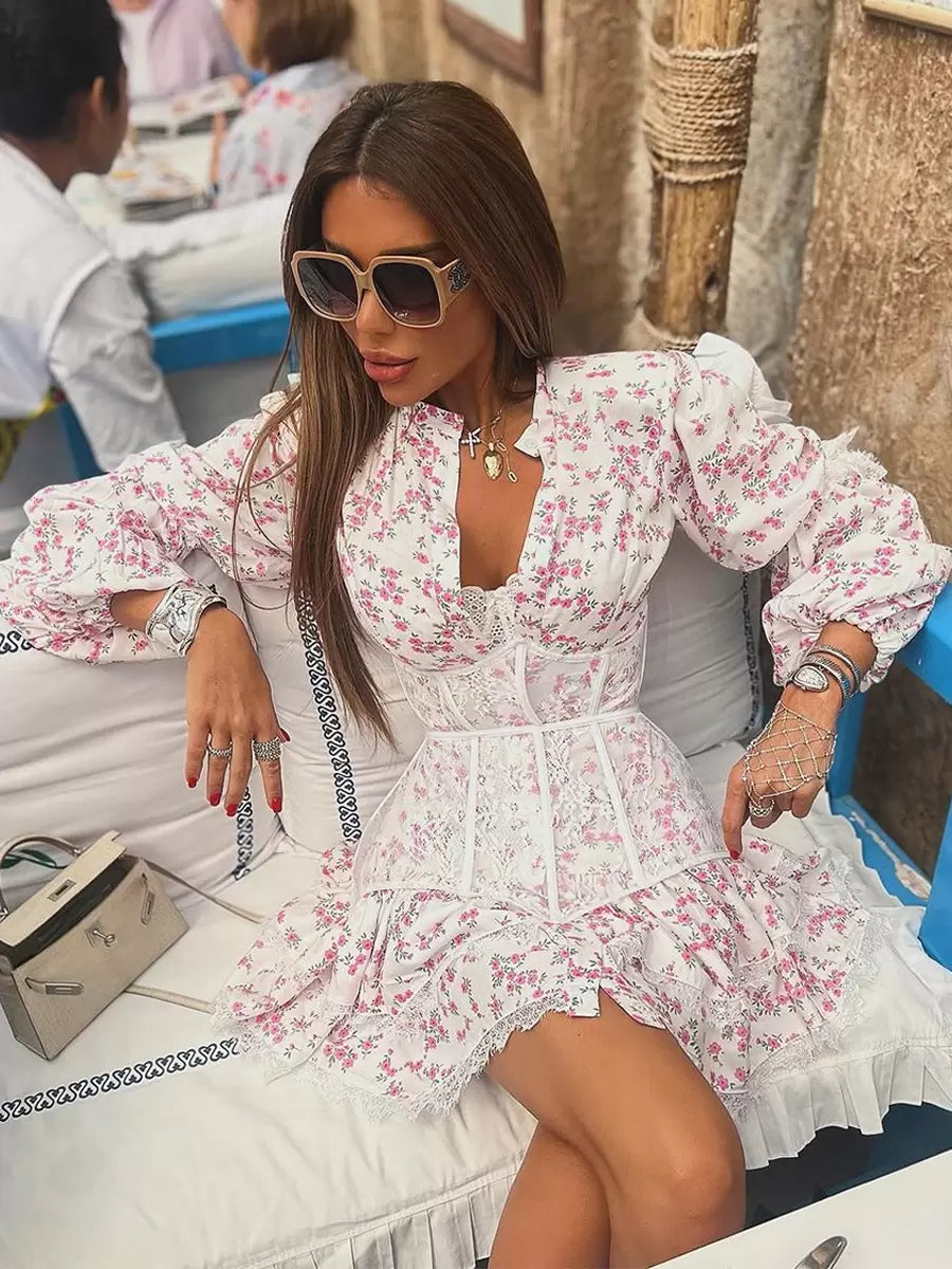 Floral Print Lace Embellished Collar Long Sleeves Chic Mini Dresses
