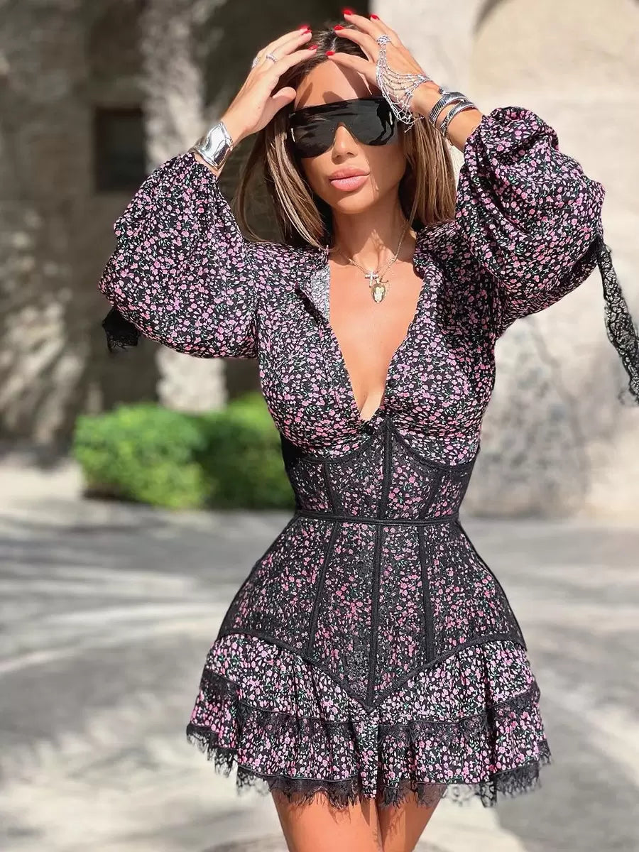 Floral Print Lace Embellished Collar Long Sleeves Chic Mini Dresses