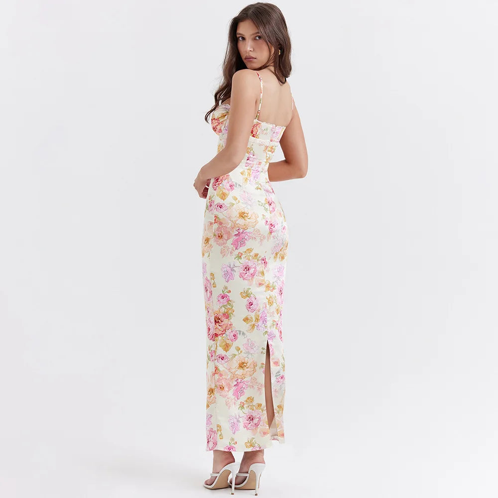 Floral Print Long Evening Dress Luxury Spaghetti Strap Party Dress
