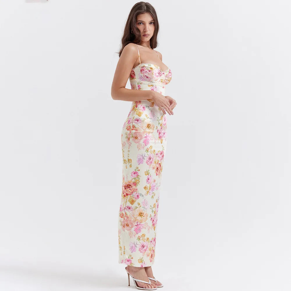 Floral Print Long Evening Dress Luxury Spaghetti Strap Party Dress