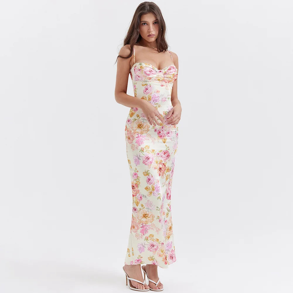 Floral Print Long Evening Dress Luxury Spaghetti Strap Party Dress