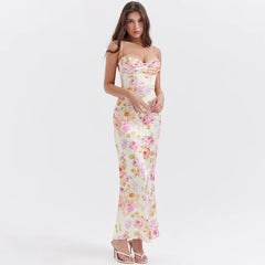 Floral Print Long Evening Dress Luxury Spaghetti Strap Party Dress