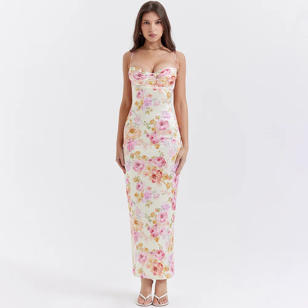 Floral Print Long Evening Dress Luxury Spaghetti Strap Party Dress