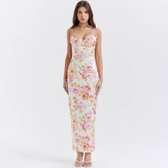 Floral Print Long Evening Dress Luxury Spaghetti Strap Party Dress