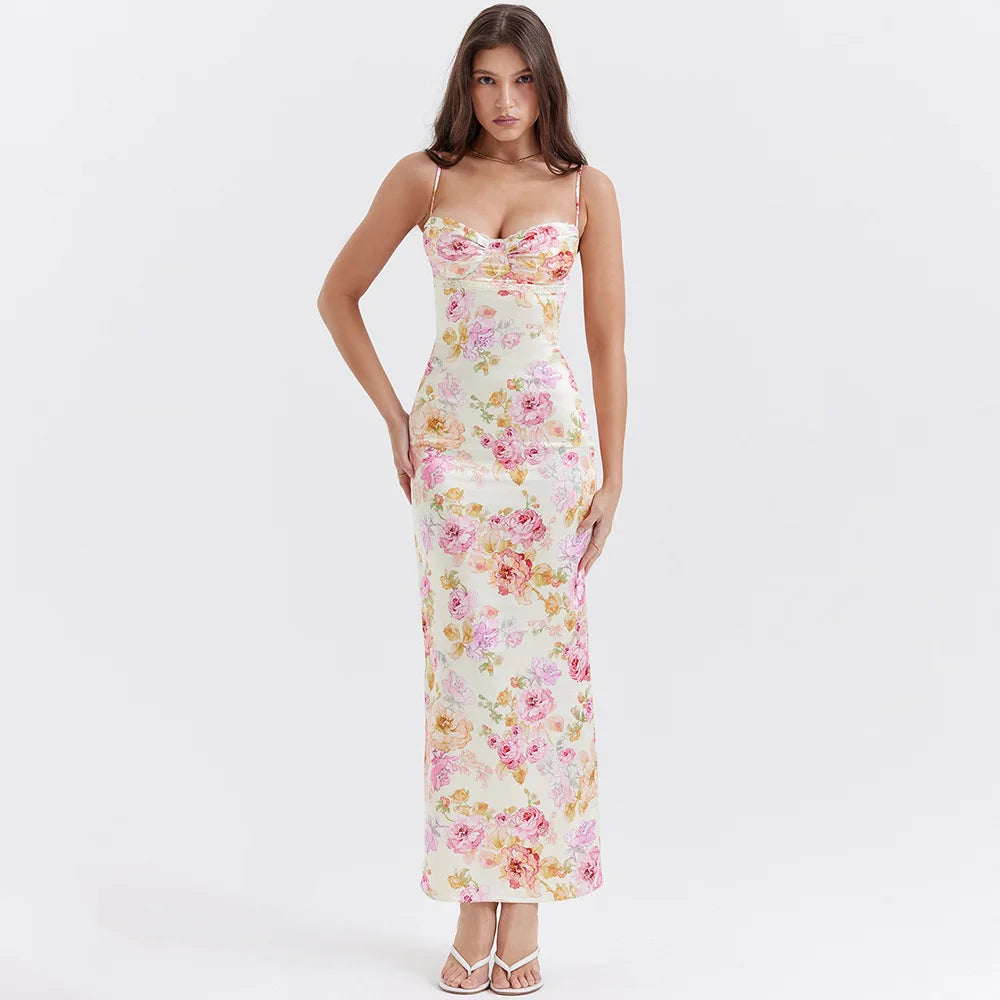 Floral Print Long Evening Dress Luxury Spaghetti Strap Party Dress