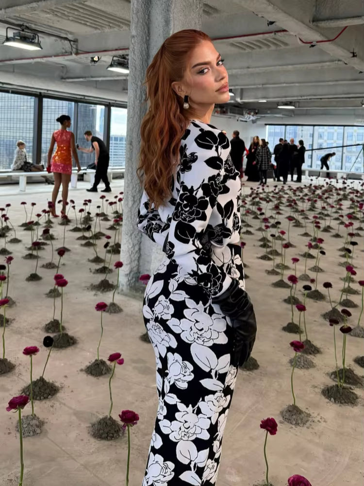 Floral-Print Long Sleeve Jacquard Top Midi Bandage Skirt Suits Two Piece Set