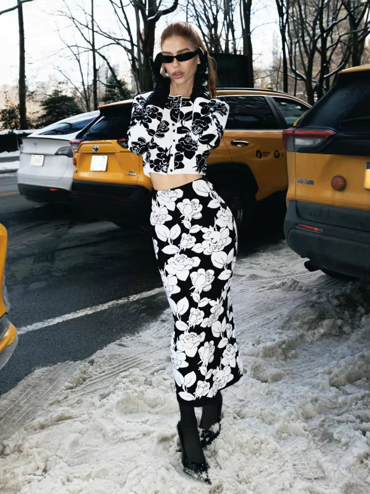 Floral-Print Long Sleeve Jacquard Top Midi Bandage Skirt Suits Two Piece Set