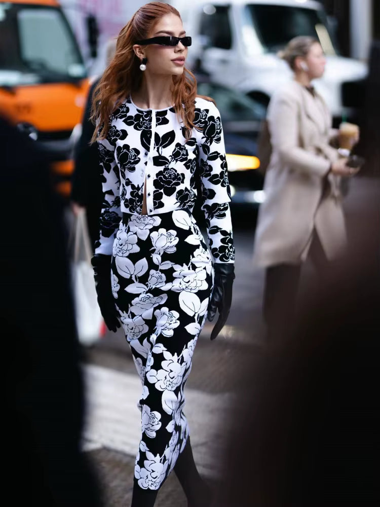 Floral-Print Long Sleeve Jacquard Top Midi Bandage Skirt Suits Two Piece Set