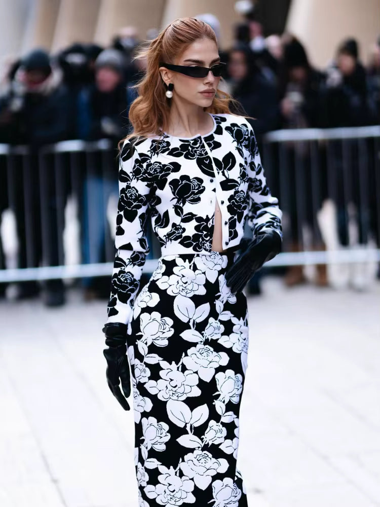 Floral-Print Long Sleeve Jacquard Top Midi Bandage Skirt Suits Two Piece Set