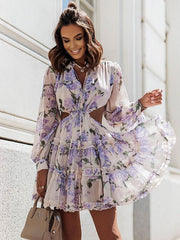 Floral Print Long Sleeves Chiffon Short Mini Dress