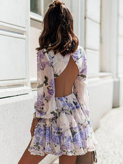 Floral Print Long Sleeves Chiffon Short Mini Dress