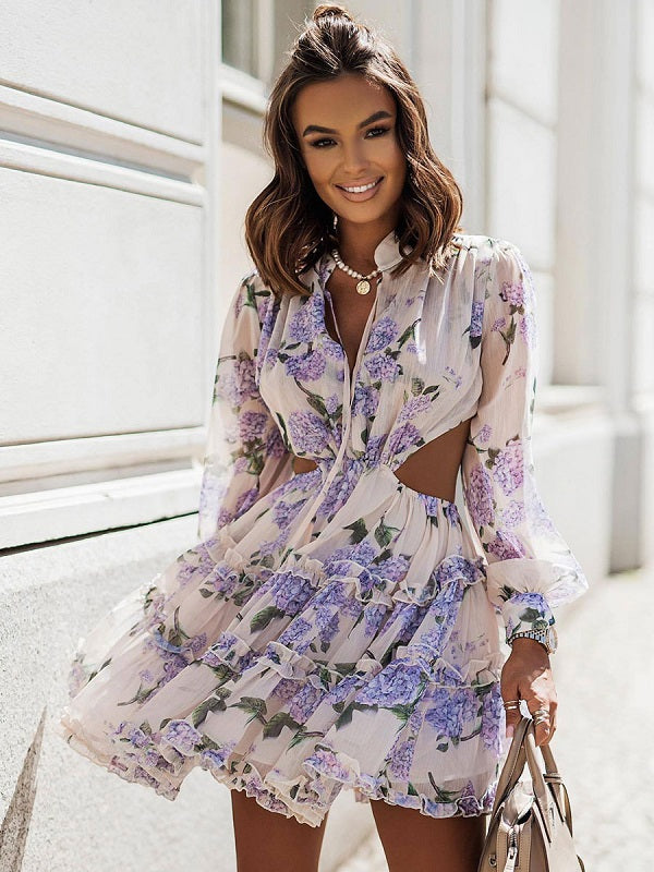 Floral Print Long Sleeves Chiffon Short Mini Dress