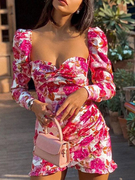 Floral Print Long Sleeves Pleated U Neck Irregular Body Conscious Dress Sheath Bodycon Dress