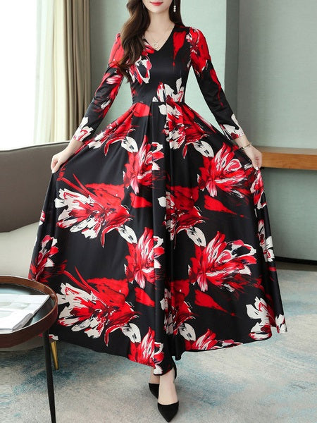Floral Print Maxi Dresses Long Sleeves V Neck Swing Dress