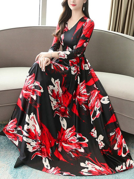 Floral Print Maxi Dresses Long Sleeves V Neck Swing Dress