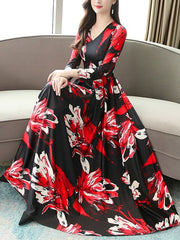 Floral Print Maxi Dresses Long Sleeves V Neck Swing Dress