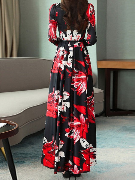 Floral Print Maxi Dresses Long Sleeves V Neck Swing Dress