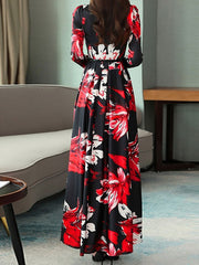 Floral Print Maxi Dresses Long Sleeves V Neck Swing Dress