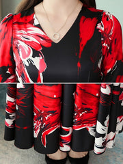 Floral Print Maxi Dresses Long Sleeves V Neck Swing Dress