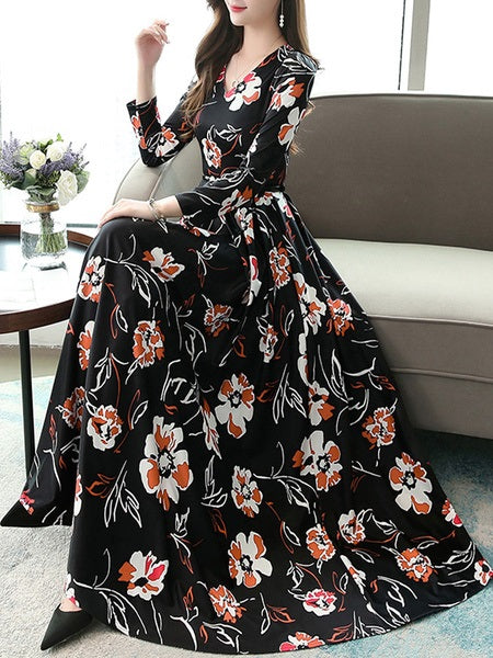 Floral Print Maxi Dresses Long Sleeves V Neck Swing Dress