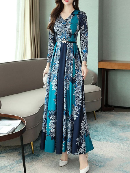 Floral Print Maxi Dresses Long Sleeves V Neck Swing Dress