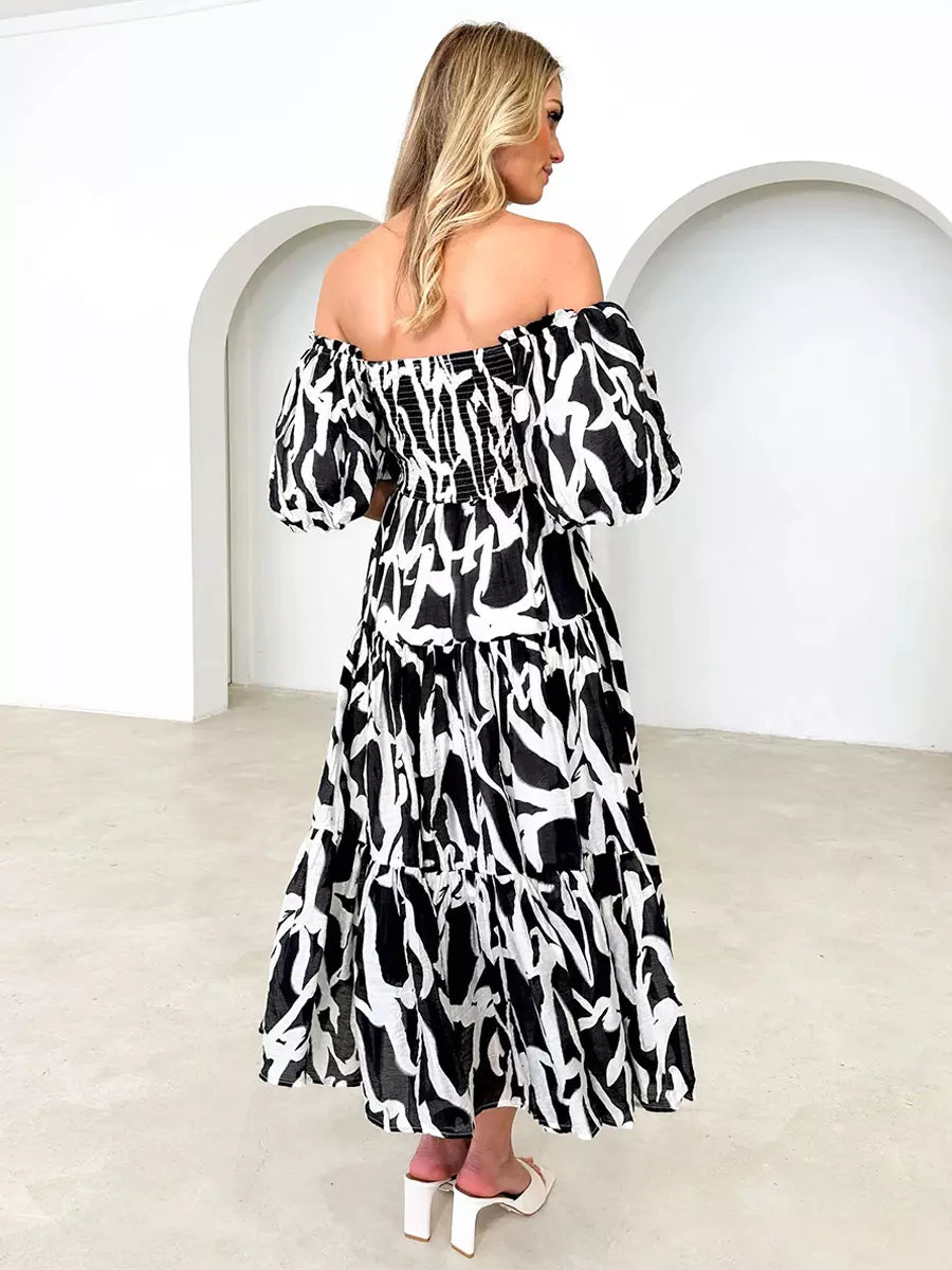 Casual Floral Print Short Puff Sleeve Shirred Midi Dress