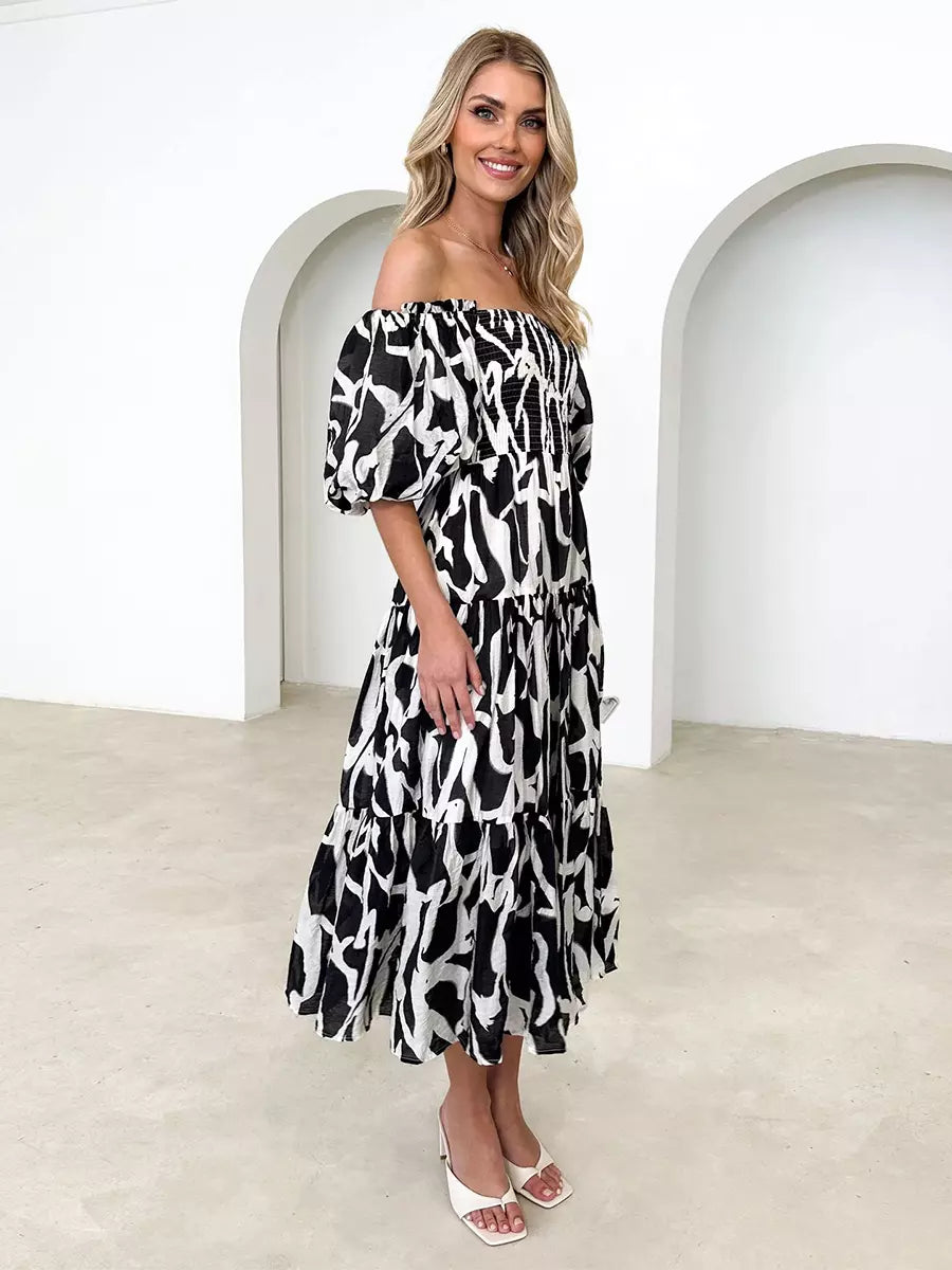 Casual Floral Print Short Puff Sleeve Shirred Midi Dress