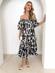 Casual Floral Print Short Puff Sleeve Shirred Midi Dress