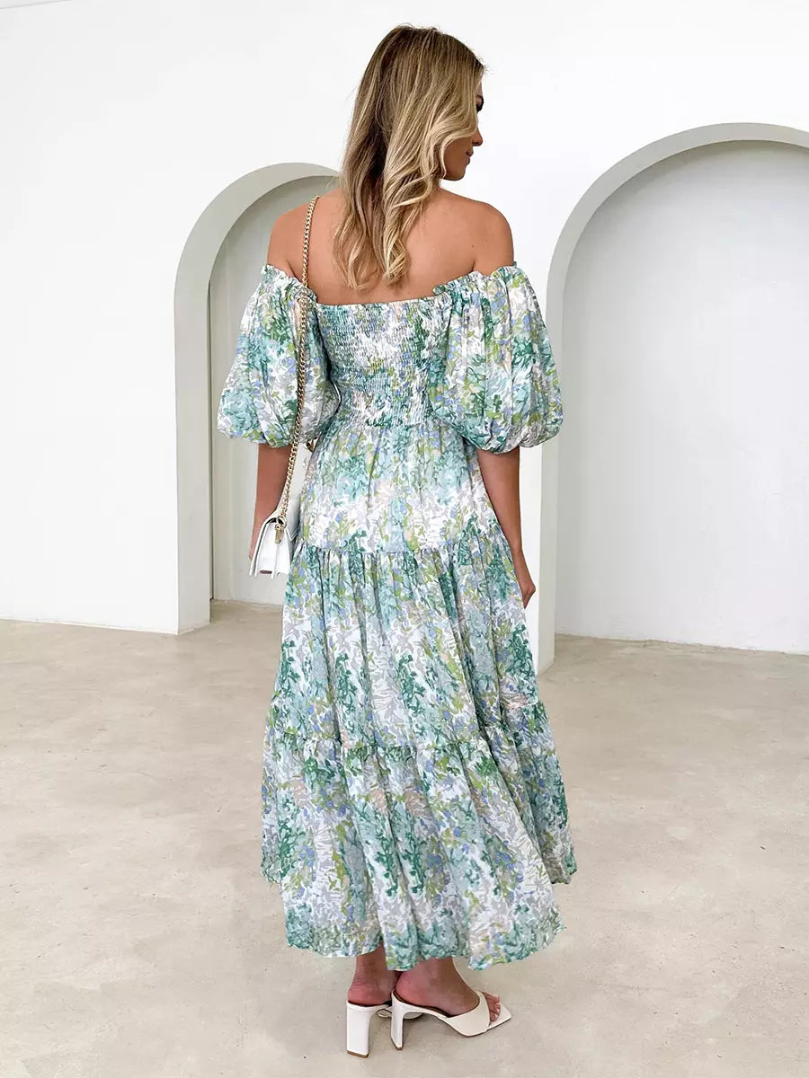 Floral Print Off-Shoulder Short Puff Sleeve Shirred Midi Dress