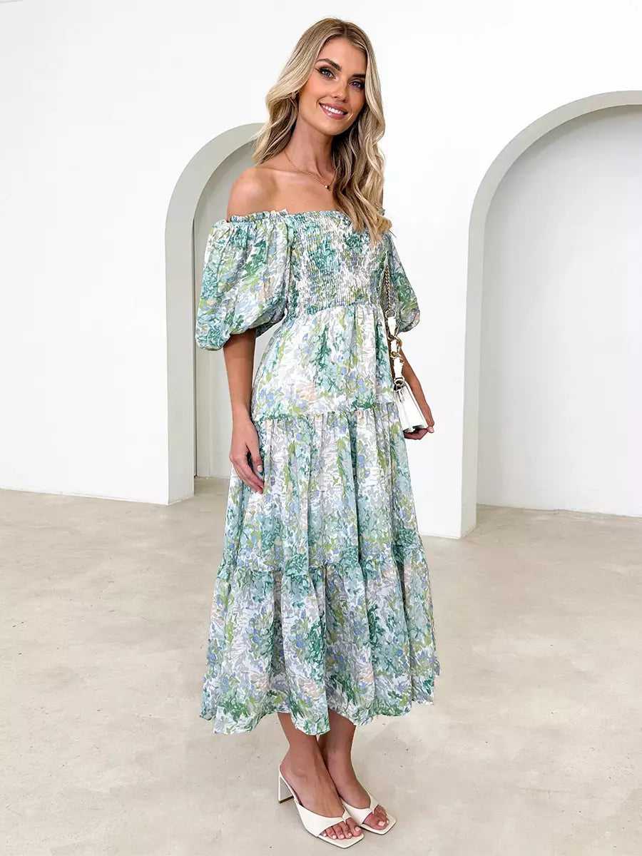Floral Print Off-Shoulder Short Puff Sleeve Shirred Midi Dress