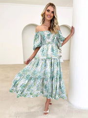Floral Print Off-Shoulder Short Puff Sleeve Shirred Midi Dress
