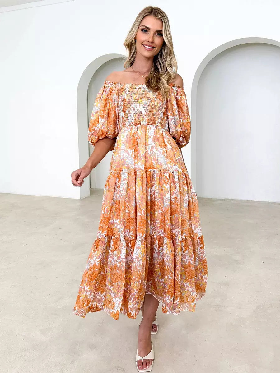 Floral Print Off-Shoulder Short Puff Sleeve Shirred Midi Dress