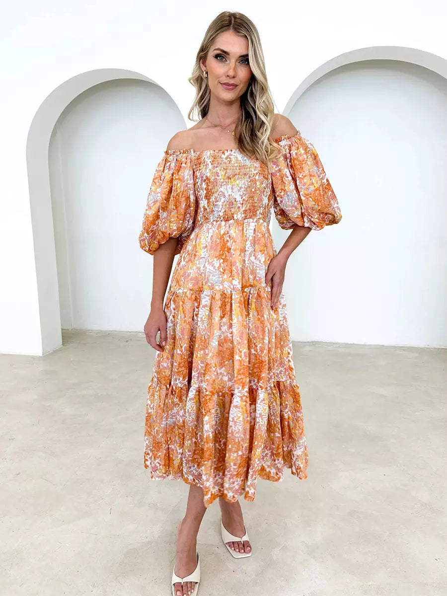 Floral Print Off-Shoulder Short Puff Sleeve Shirred Midi Dress