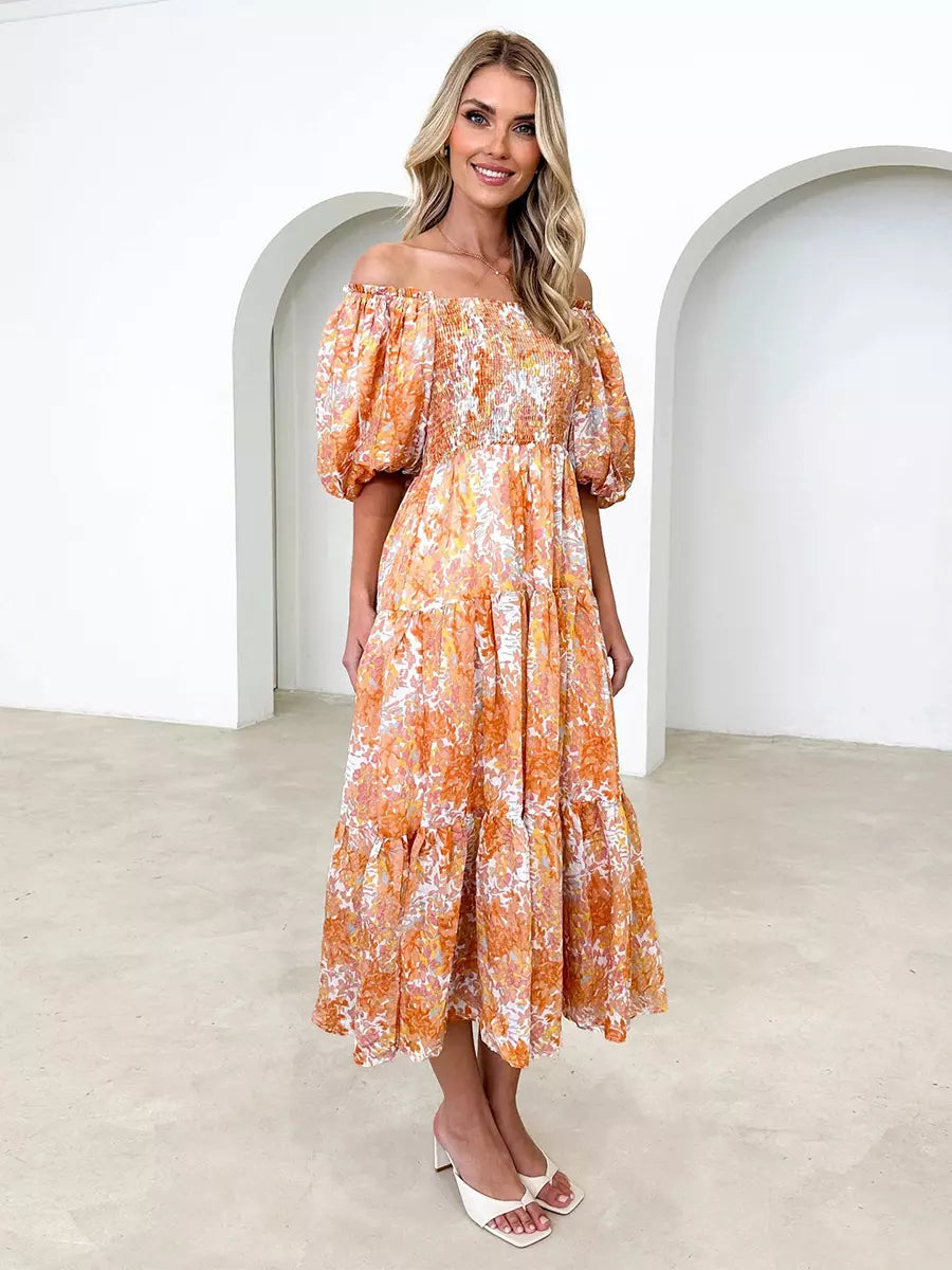 Floral Print Off-Shoulder Short Puff Sleeve Shirred Midi Dress