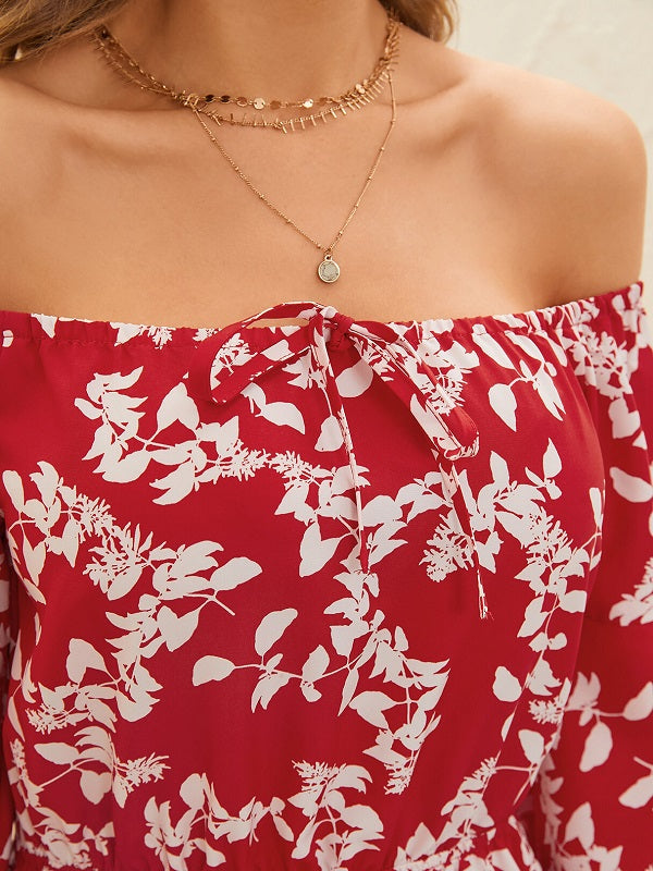 Floral Print Off The Shoulder Sleeves Mini Dress