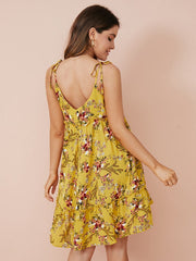 Floral Print Open Back Lettuce Edge Tie Spaghetti Strap Dress