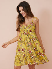 Floral Print Open Back Lettuce Edge Tie Spaghetti Strap Dress