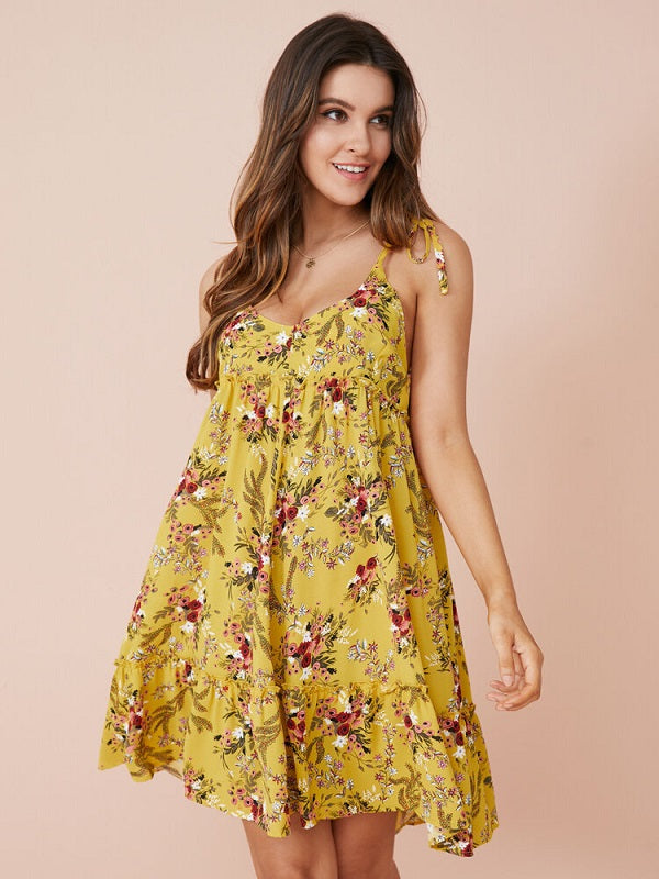 Floral Print Open Back Lettuce Edge Tie Spaghetti Strap Dress