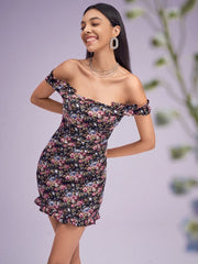 Floral Print Open Back Ruffle Hem Off Shoulder Dress