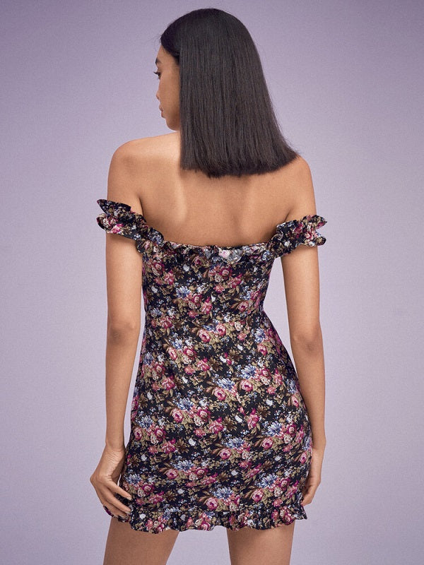 Floral Print Open Back Ruffle Hem Off Shoulder Dress