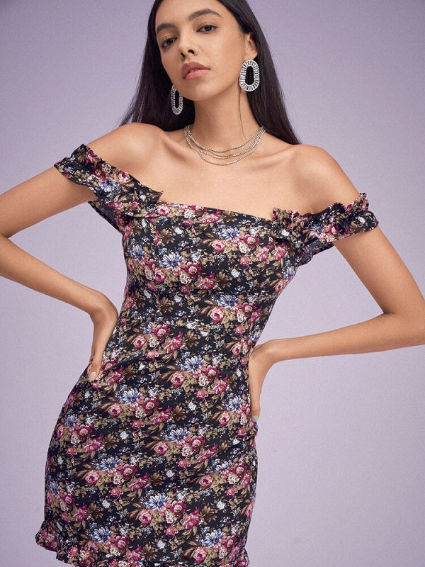 Floral Print Open Back Ruffle Hem Off Shoulder Dress