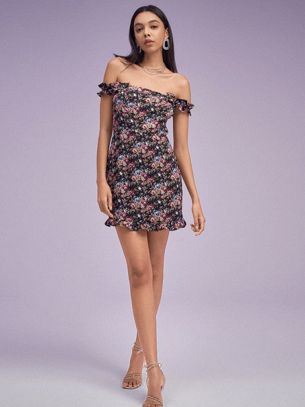 Floral Print Open Back Ruffle Hem Off Shoulder Dress