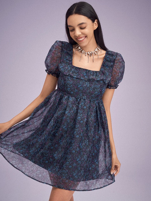 Floral Print Overlay Puff Sleeve Ruffle Square Collar Dress